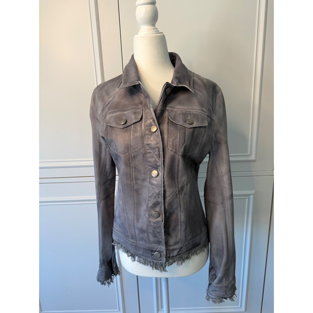 JKT NYC Leather Jacket Women XS Gray Excellent Fringed Moto Distressed Hem